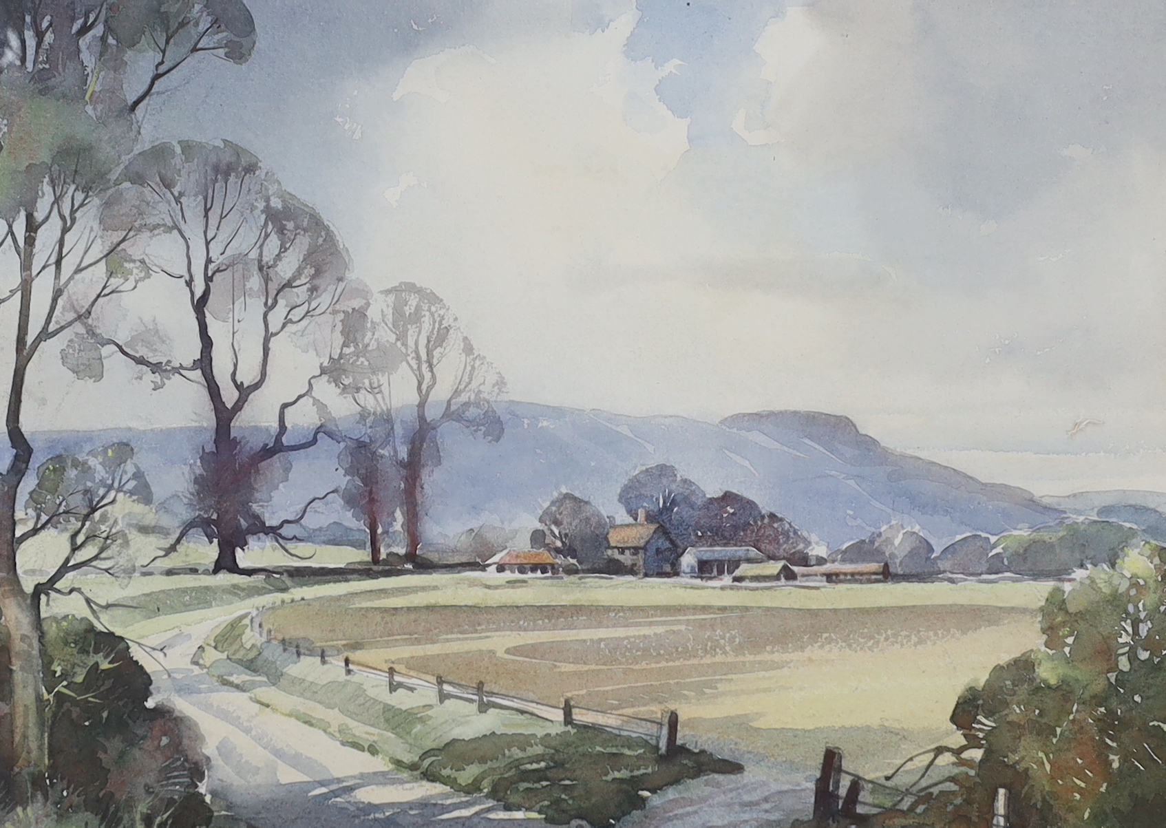 F J James, two watercolours, including Cottages at West Hoathly’, one signed, 36cm x 25cm